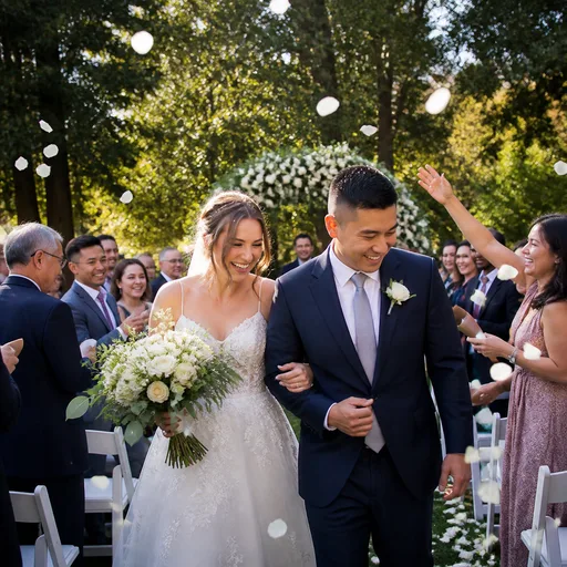 Fictional newlyweds walking through tossed flower petals