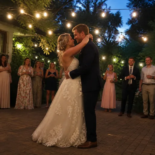 Fictional newlyweds dancing under string lights