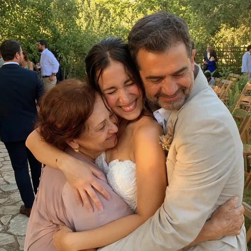 Fictional family sharing a hug after the ceremony