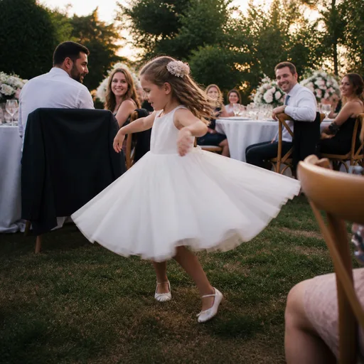 Fictional flower girl twirling at a garden reception