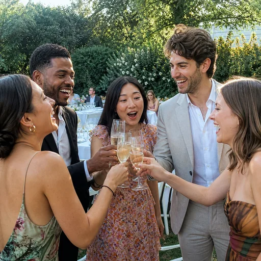 Fictional wedding guests laughing during a toast